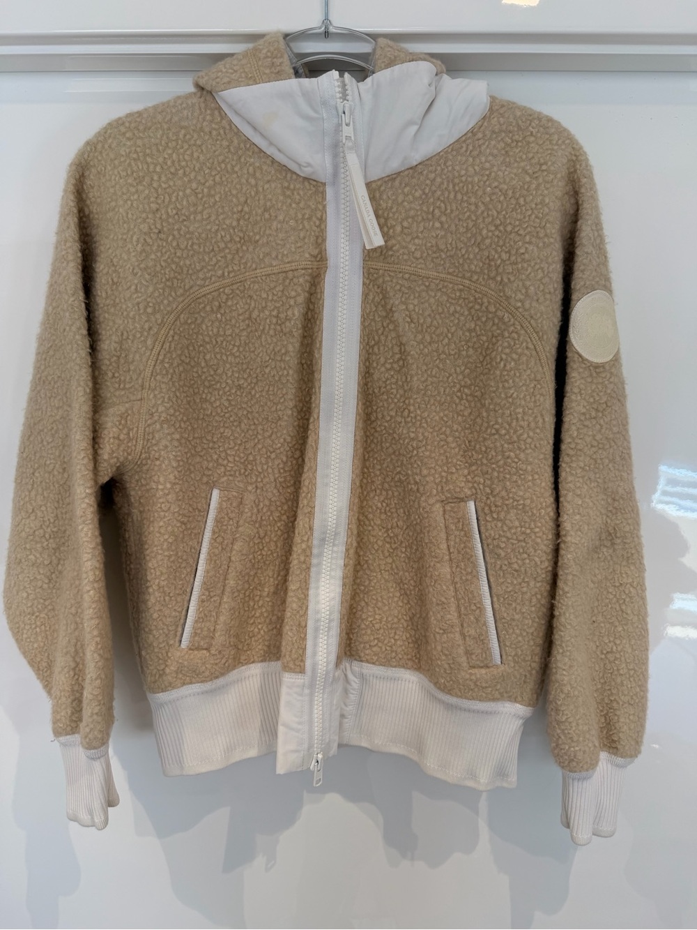 Canada Goose Kids Beige Sherpa Puffer Jacket with White Trim